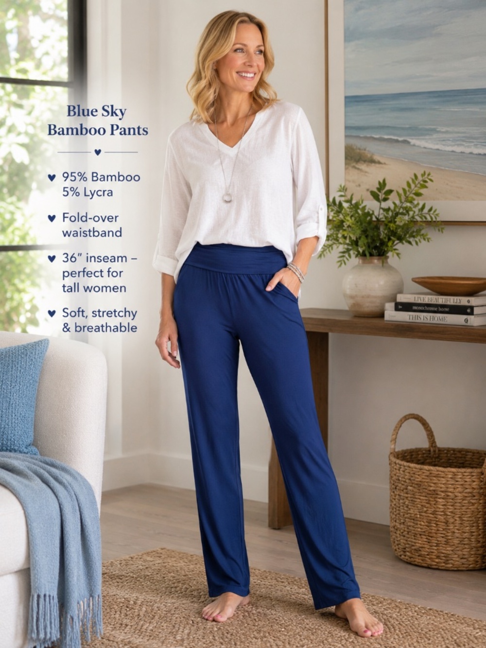 NWT Blue Sky Bamboo Pants 1X Tall 36" Inseam Navy Foldover Waist